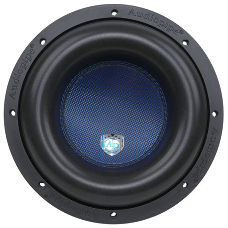 Front view of an Audiopipe subwoofer with a blue patterned cone and central AP logo