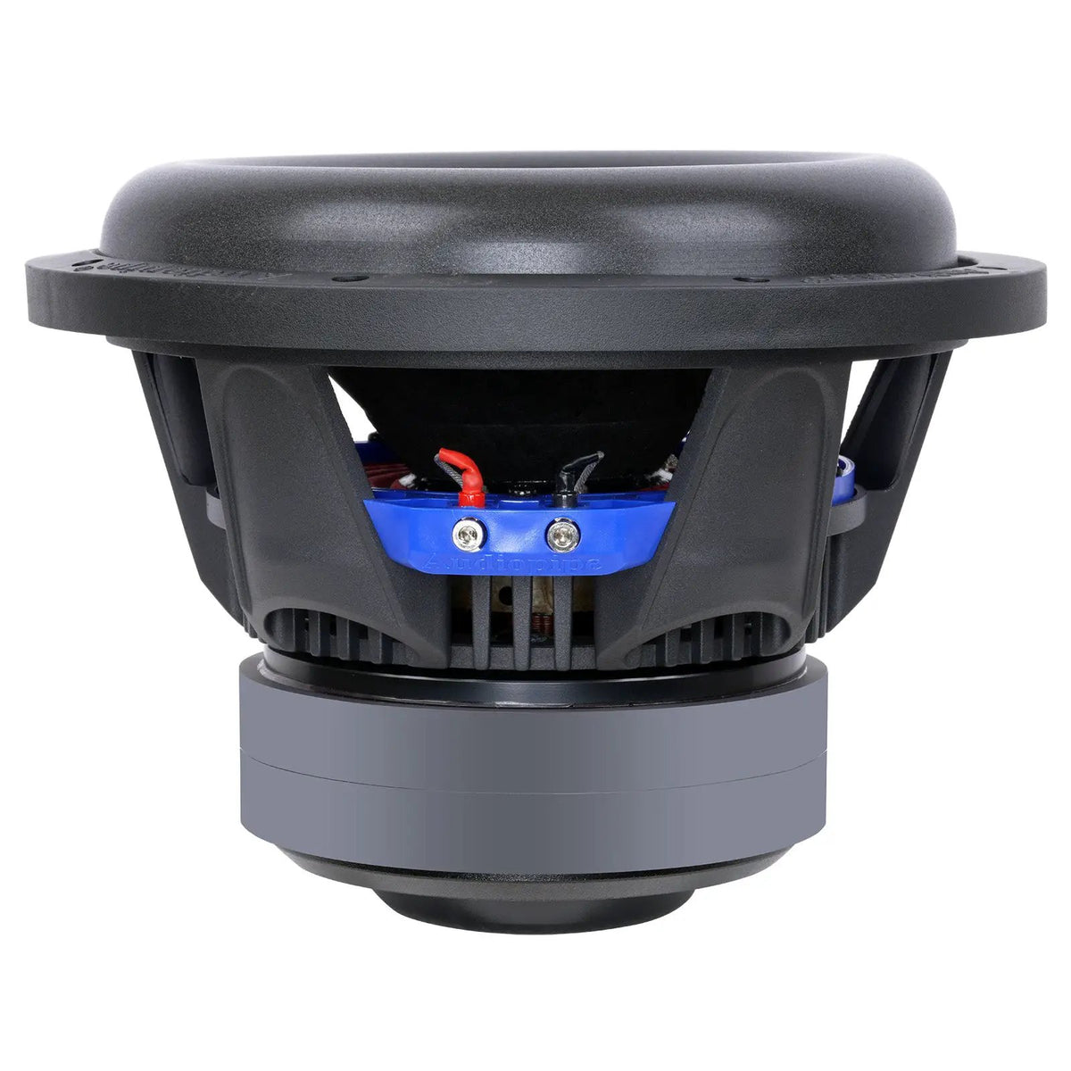 Side view of an Audiopipe subwoofer showing the black basket, blue terminal block and gray magnet
