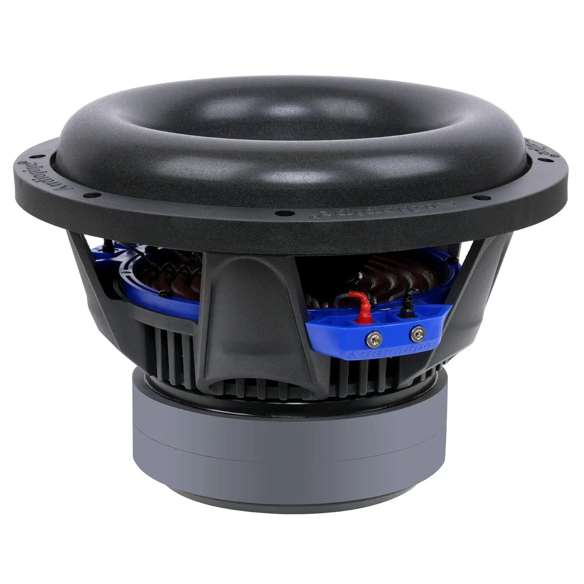 Side view of an Audiopipe subwoofer showing its black basket, blue plate and stacked magnets