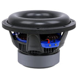 Side view of an Audiopipe subwoofer showing its black basket, blue plate and stacked magnets
