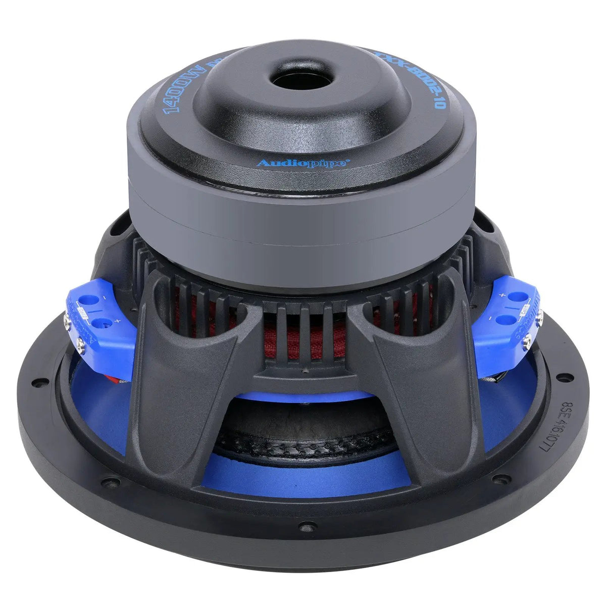 Rear angled view of an Audiopipe TXX-BDD2-10 subwoofer with a vented magnet and blue terminal blocks