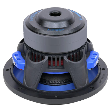 Rear angled view of an Audiopipe TXX-BDD2-10 subwoofer with a vented magnet and blue terminal blocks