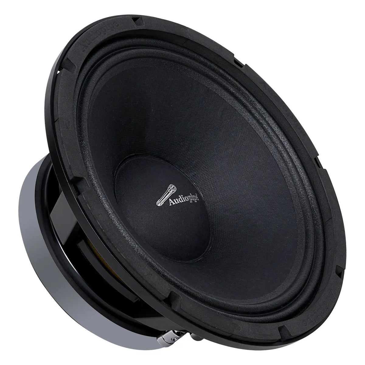 Angled front view of a black Audiopipe loudspeaker with domed dust cap and silver logo