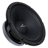 Angled front view of a black Audiopipe loudspeaker with domed dust cap and silver logo