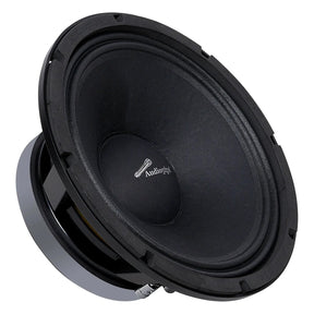 Angled front view of a black Audiopipe loudspeaker with domed dust cap and silver logo