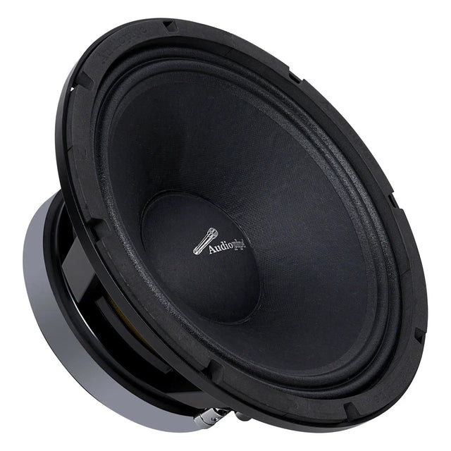 Angled front view of a black Audiopipe loudspeaker with domed dust cap and silver logo