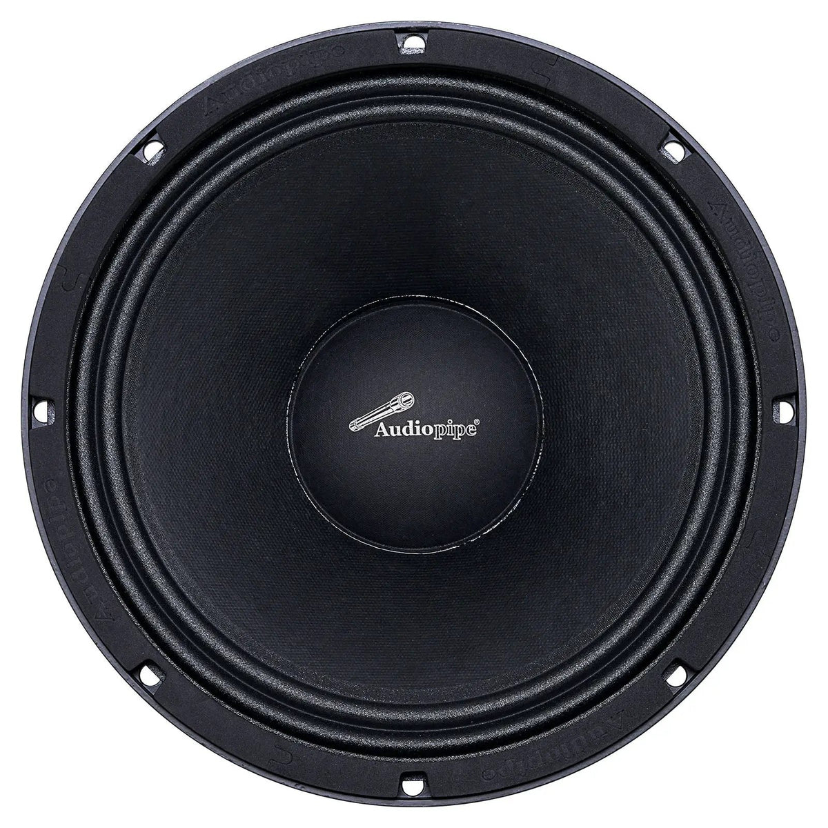 Front view of a black Audiopipe loudspeaker with domed dust cap and mounting holes