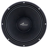 Front view of a black Audiopipe loudspeaker with domed dust cap and mounting holes