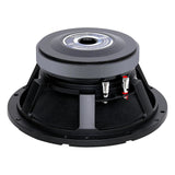 Rear-angled view of an Audiopipe loudspeaker showing magnet vent, open basket and red-and-black terminals