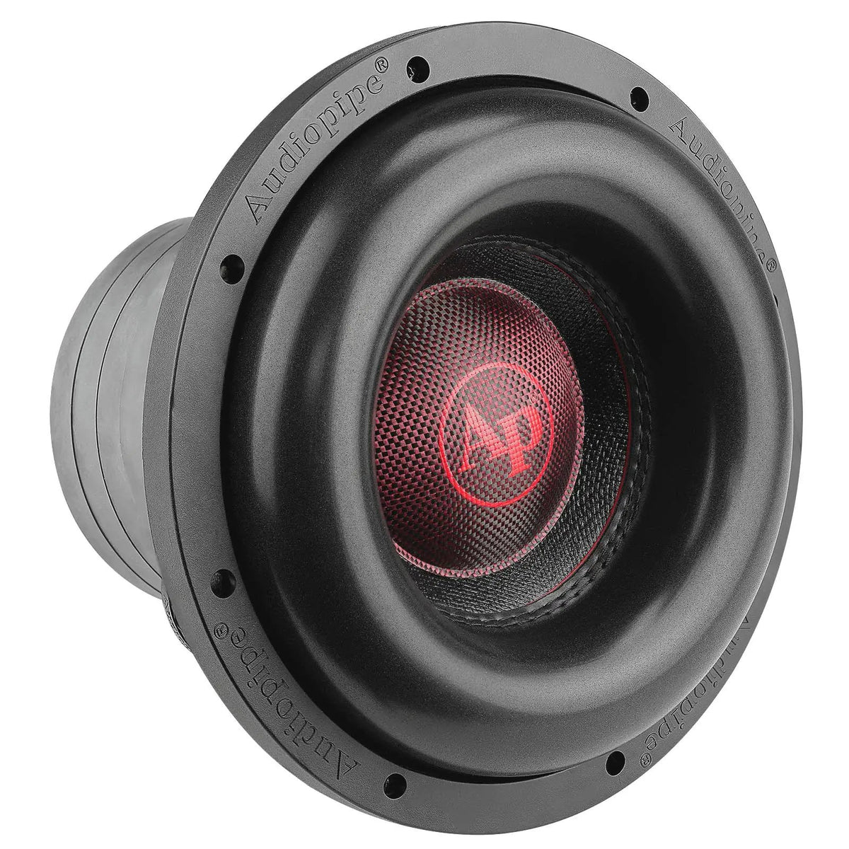 Angled front view of an Audiopipe subwoofer with thick black surround and red AP logo
