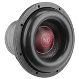 Angled front view of an Audiopipe subwoofer with thick black surround and red AP logo