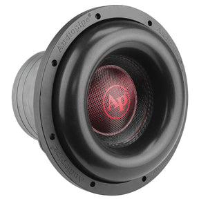 Angled front view of an Audiopipe subwoofer with thick black surround and red AP logo