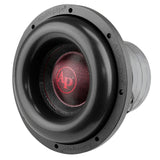 Audiopipe subwoofer with a red logo and broad black surround, angled view