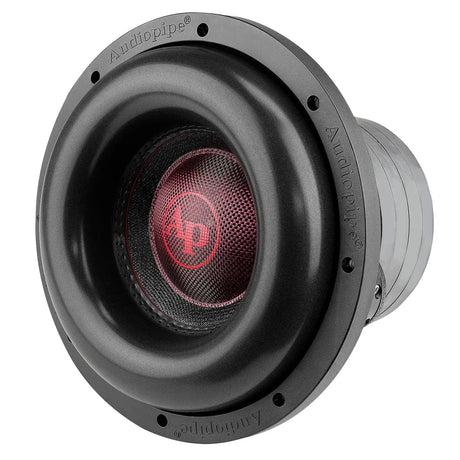 Audiopipe subwoofer with a red logo and broad black surround, angled view