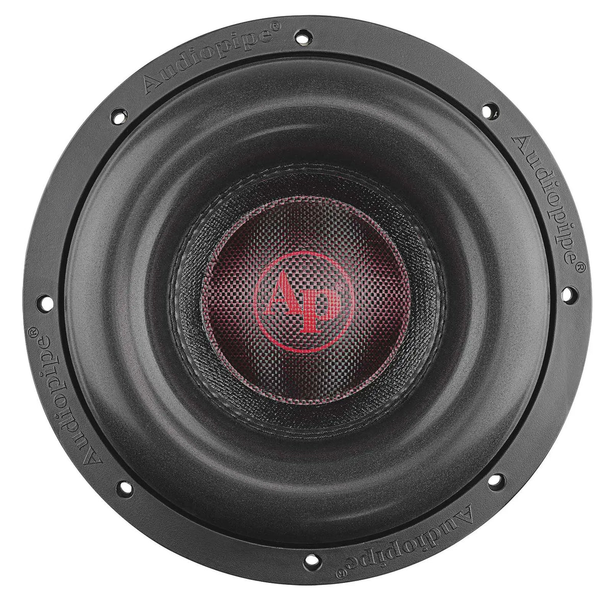 Front view of an Audiopipe subwoofer with textured cone, broad black surround and red AP logo