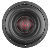 Front view of an Audiopipe subwoofer with textured cone, broad black surround and red AP logo