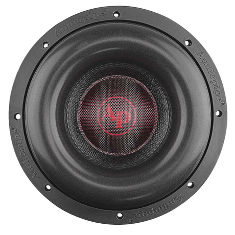 Front view of an Audiopipe subwoofer with textured cone, broad black surround and red AP logo