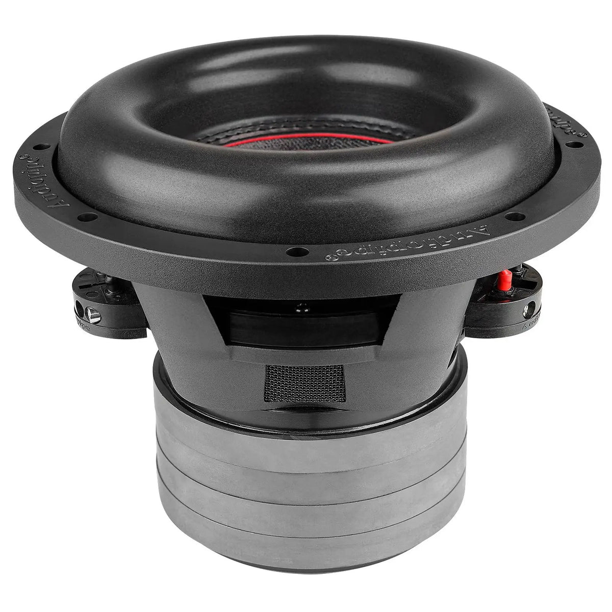 Side-angled view of an Audiopipe subwoofer showing its surround, basket and stacked magnet