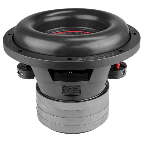 Side-angled view of an Audiopipe subwoofer showing its surround, basket and stacked magnet