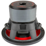 Rear-angled view of an Audiopipe subwoofer showing its stacked magnet, basket vents and red underside