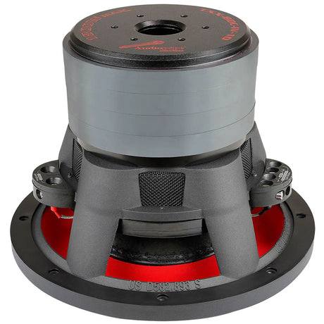 Rear-angled view of an Audiopipe subwoofer showing its stacked magnet, basket vents and red underside
