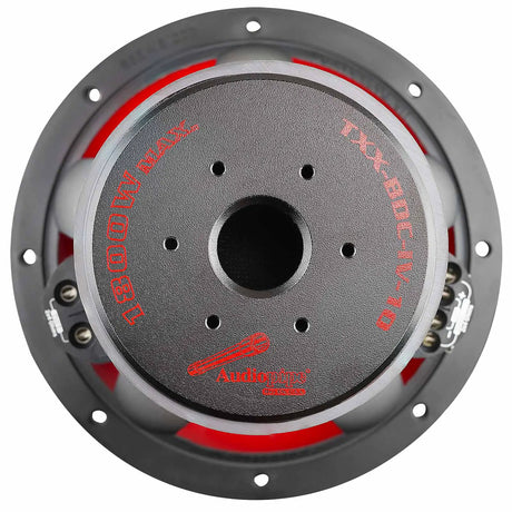 Rear view of an Audiopipe subwoofer with TXX-BDC-IV-10 and 1800W Max markings around its magnet vent