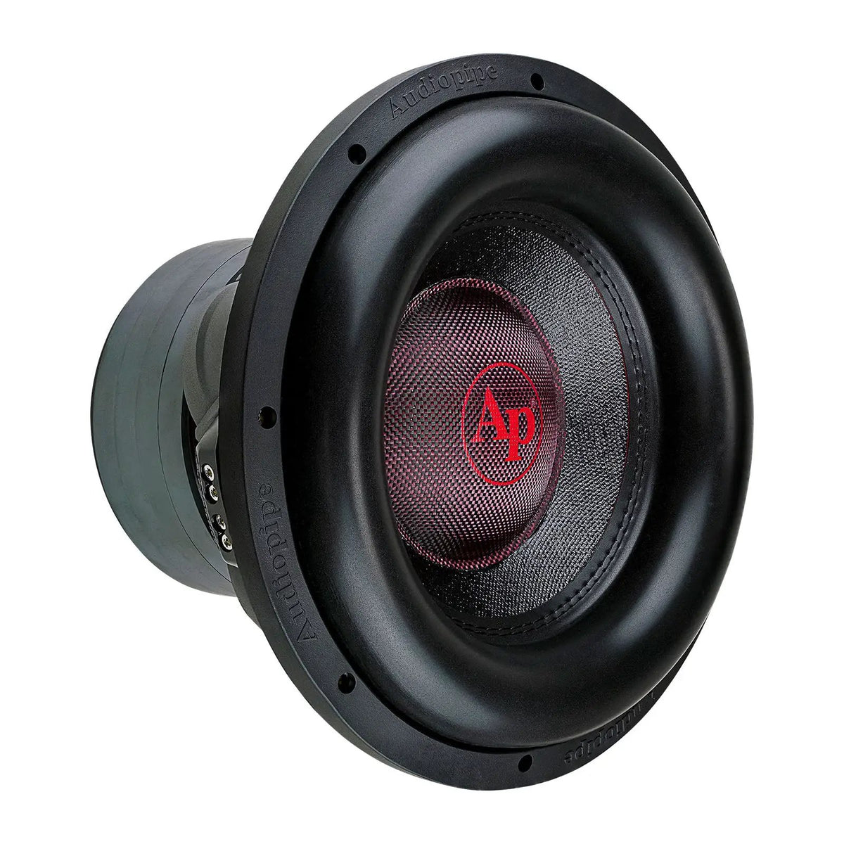 Audiopipe subwoofer at an angle with a black woven cone, red AP logo and broad surround