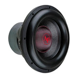 Audiopipe subwoofer at an angle with a black woven cone, red AP logo and broad surround