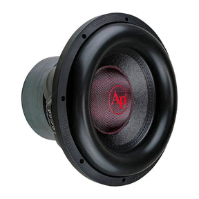 Audiopipe subwoofer at an angle with a black woven cone, red AP logo and broad surround