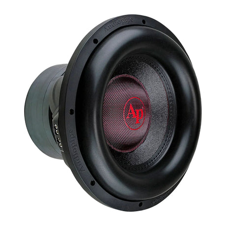 Audiopipe subwoofer at an angle with a black woven cone, red AP logo and broad surround