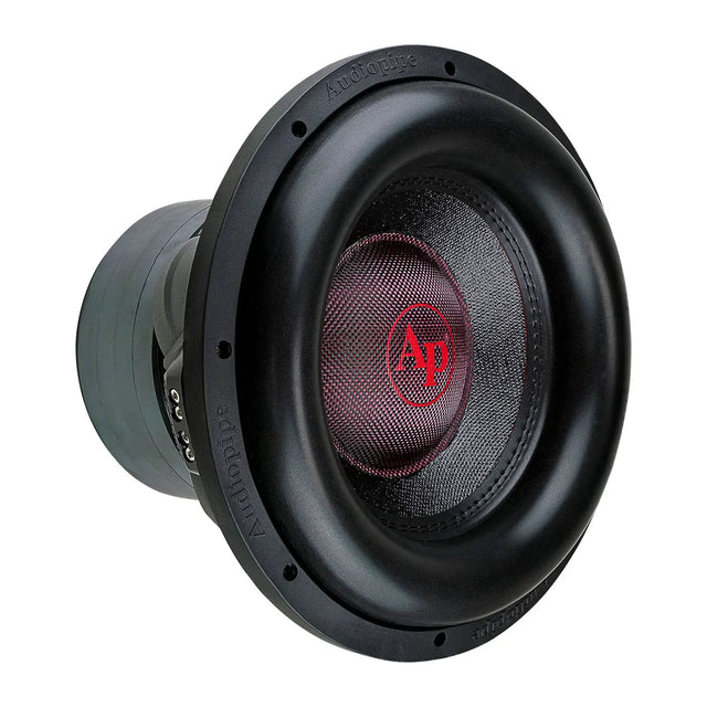 Audiopipe subwoofer at an angle with a black woven cone, red AP logo and broad surround