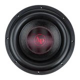 Front view of an Audiopipe subwoofer with a black woven cone and red AP logo