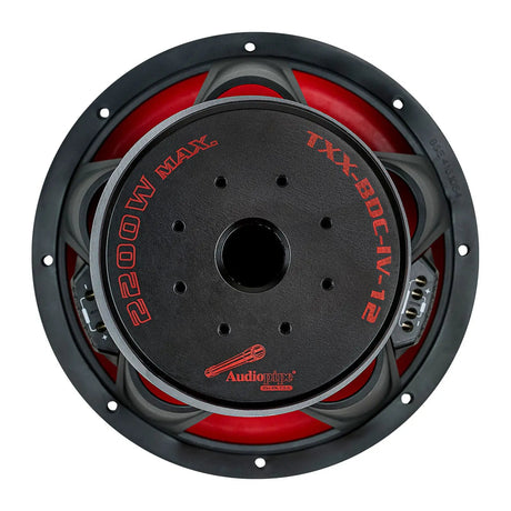 Rear view of an Audiopipe subwoofer showing its vented magnet label and red suspension