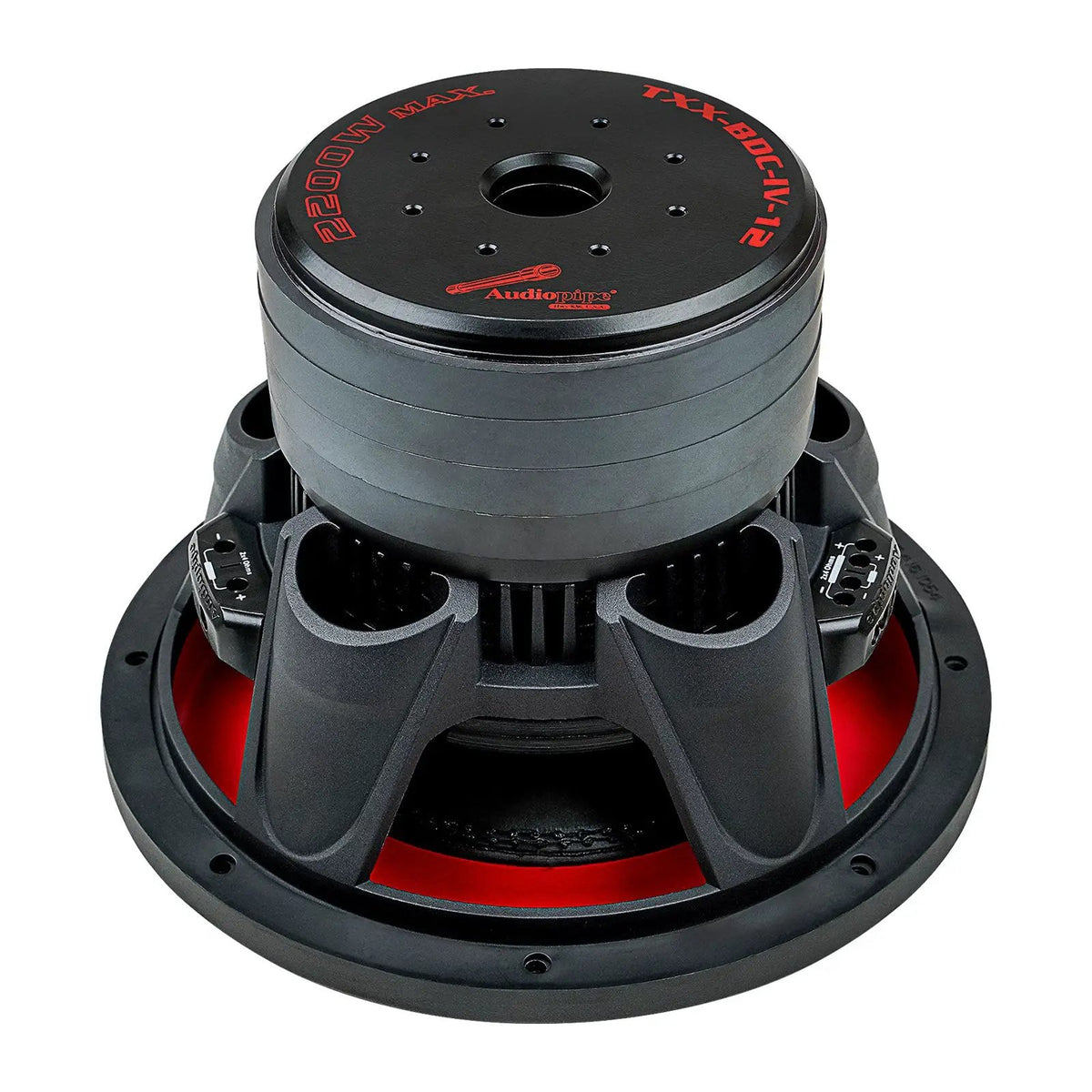 Inverted Audiopipe subwoofer showing four stacked magnets, black basket and red suspension