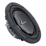 Angled front view of a black Audiopipe subwoofer with a smooth center cap and side terminals
