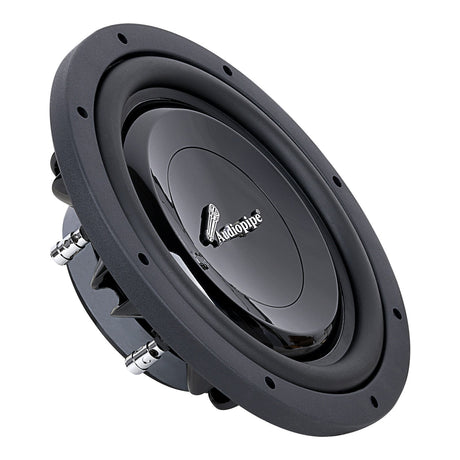 Angled front view of a black Audiopipe subwoofer with a smooth center cap and side terminals