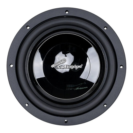 Audiopipe subwoofer with a glossy black cone, front view