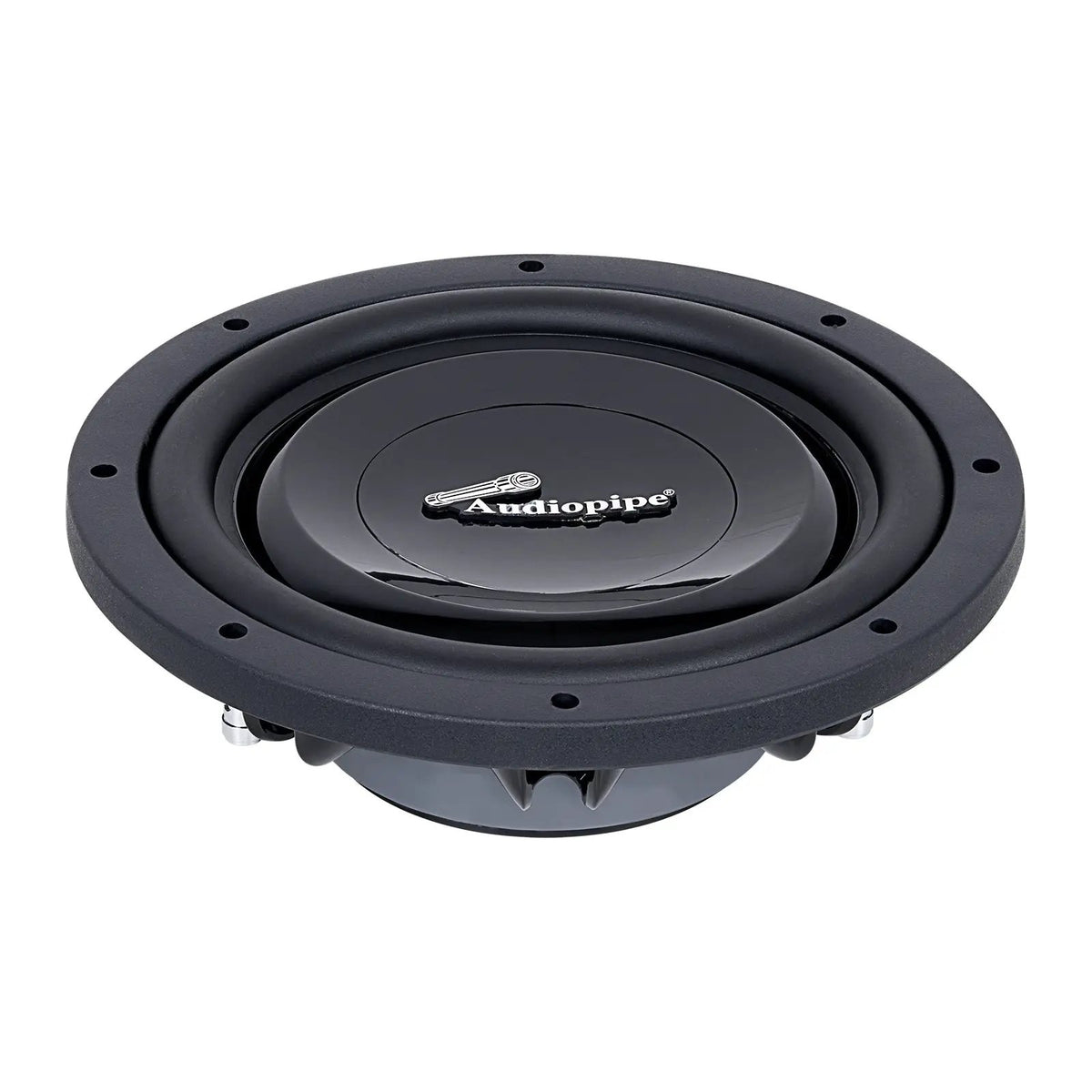Audiopipe shallow-profile subwoofer with a glossy black cone, low angled view