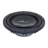 Audiopipe shallow-profile subwoofer with a glossy black cone, low angled view
