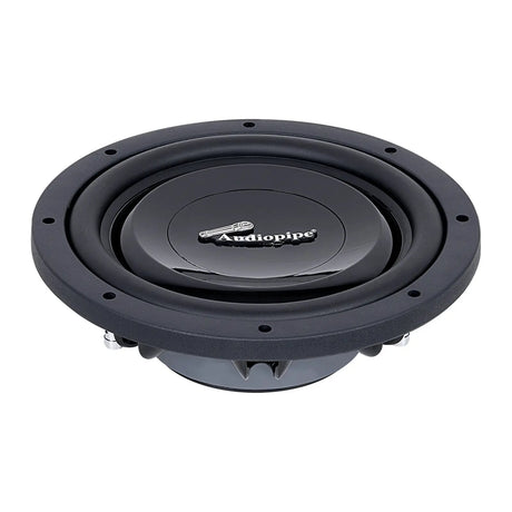 Audiopipe shallow-profile subwoofer with a glossy black cone, low angled view