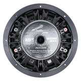 Rear of Audiopipe TS-FA1000 shallow subwoofer showing its magnet label and terminals
