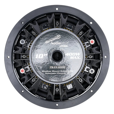 Rear of Audiopipe TS-FA1000 shallow subwoofer showing its magnet label and terminals