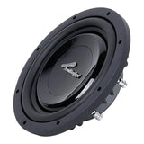 Opposite front angle of a black Audiopipe subwoofer with a smooth center cap and side terminals