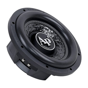 Audiopipe subwoofer with a textured cone and silver AP logo, angled view