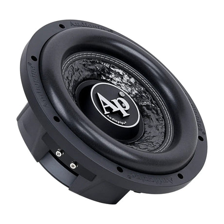 Audiopipe subwoofer with a textured cone and silver AP logo, angled view