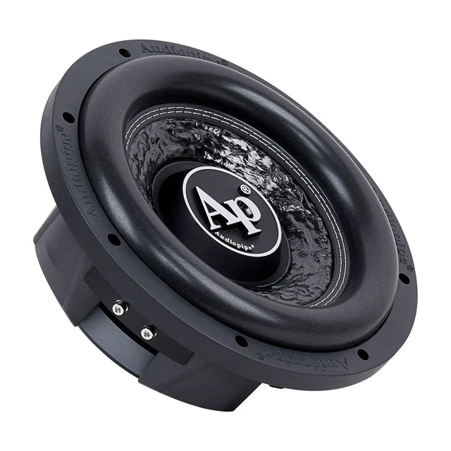 Audiopipe subwoofer with a textured cone and silver AP logo, angled view