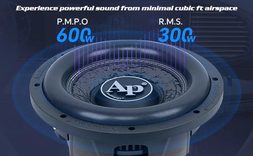 Audiopipe shallow-mount subwoofer graphic showing a 600-watt PMPO and 300-watt RMS rating