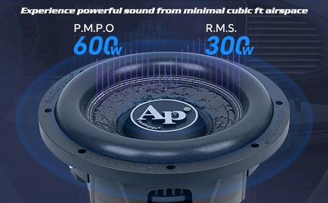 Audiopipe shallow-mount subwoofer graphic showing a 600-watt PMPO and 300-watt RMS rating