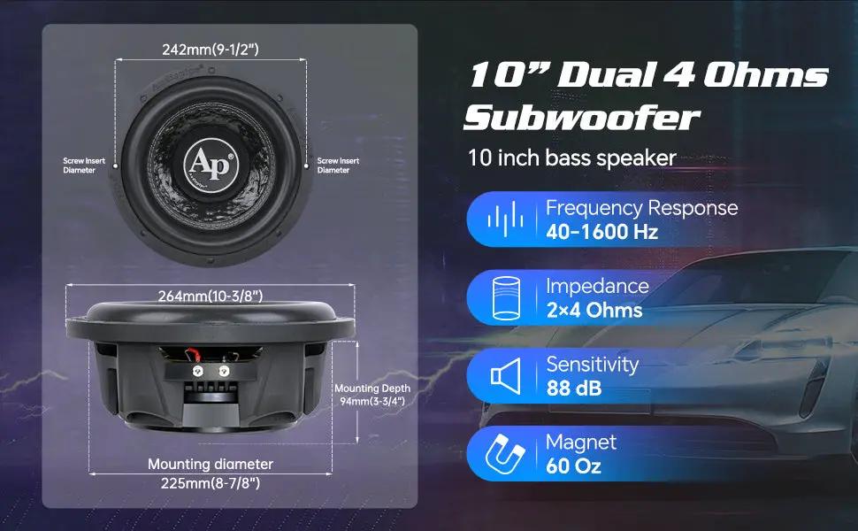10-inch dual-4-ohm subwoofer diagram listing 94mm mounting depth and 225mm mounting diameter