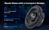Audiopipe shallow subwoofer feature graphic highlighting a non-pressed paper cone, strong dust cap and aluminum basket